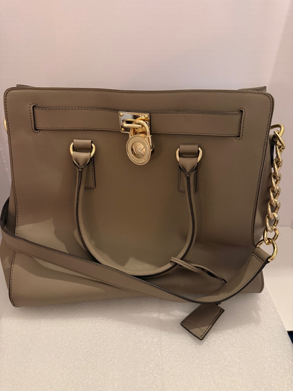 Michael Kors Taupe Leather Satchel with Gold-Tone Chain Detail